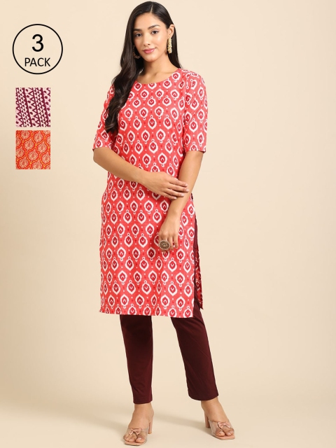 

Ethnic basket Pack of 3 Women Ethnic Motifs Printed Block Print Crepe Kurta, Coral