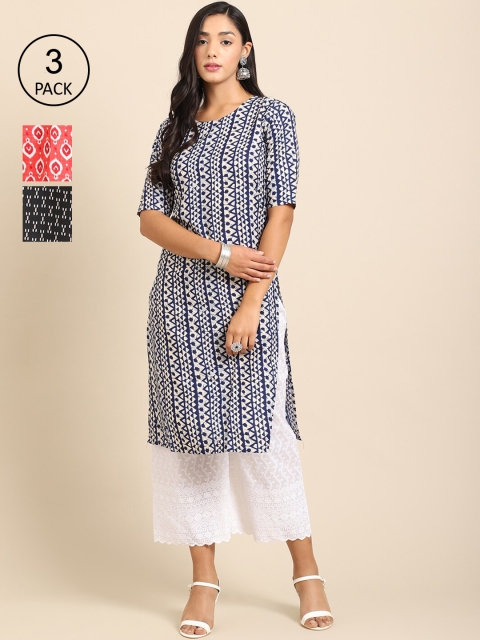 

Ethnic basket Pack of 3 Women Ethnic Motifs Printed Block Print Crepe Kurta, Blue