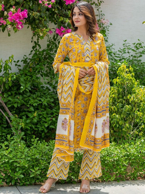 

CRAFTED FOR YOU Women Floral Printed Pure Cotton Kurta with Palazzos & With Dupatta, Yellow