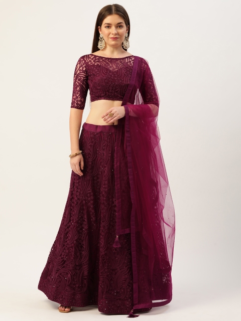 

LOOKNBOOK ART Burgundy Embroidered Sequinned Semi-Stitched Lehenga & Unstitched Blouse With Dupatta