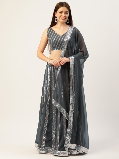 

LOOKNBOOK ART Charcoal Embellished Sequinned Semi-Stitched Lehenga & Unstitched Blouse With Dupatta
