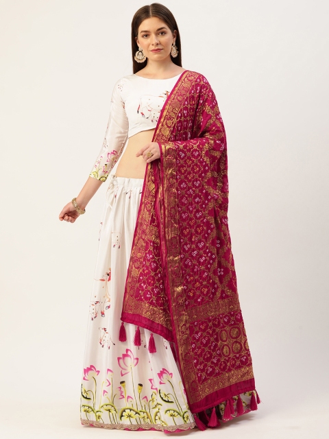 

LOOKNBOOK ART White & Pink Printed Semi-Stitched Lehenga & Unstitched Blouse With Dupatta