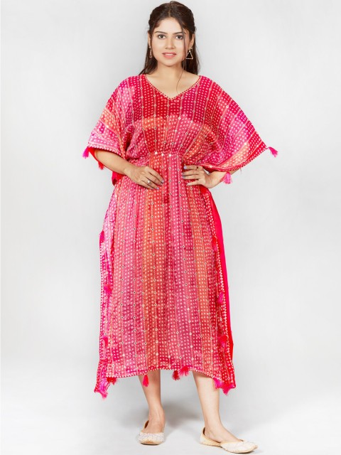 

taruni Pink & Orange Bandhani Printed V-Neck Flared Sleeves Mirror Work Mirror Work Kaftan Kurti
