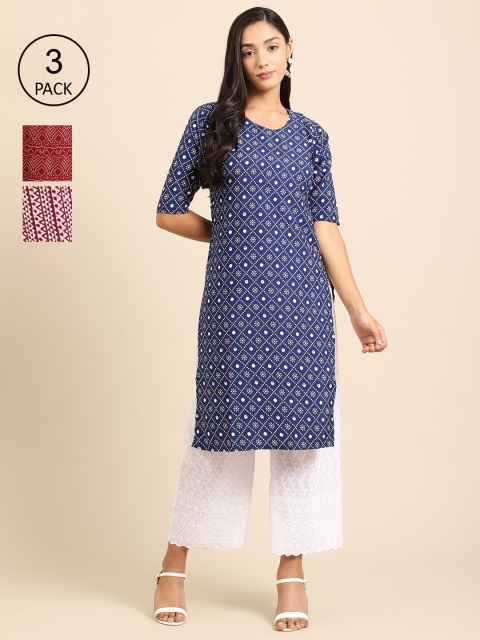 

Ethnic basket Women Pack of 3 Blue & Red Ethnic Motifs Printed Crepe Kurta