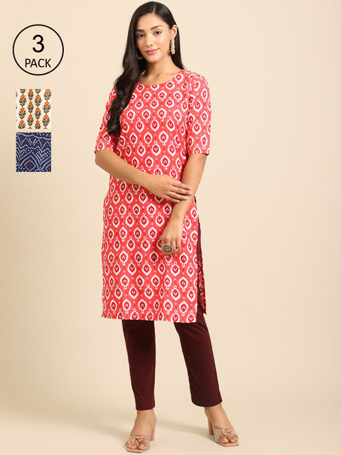 

Ethnic basket Women Pack of 3 Crepe Kurta, Coral
