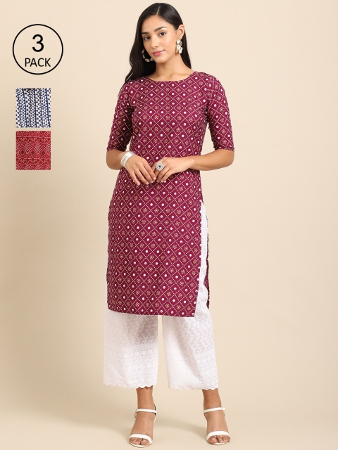 

Ethnic basket Women Pack Of 3 Printed Crepe Straight Kurta, Maroon