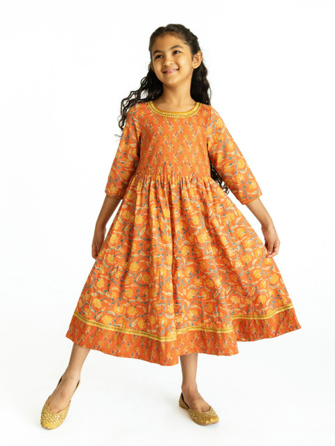 

Campana Mustard Yellow Floral Ethnic Midi Dress