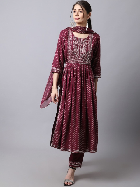 

ANAISA Women Burgundy Printed High Slit Gotta Patti Kurta with Trousers & Dupatta