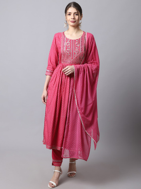 

ANAISA Women Pink Yoke Design Pleated Gotta Patti Kurta with Trousers & Dupatta
