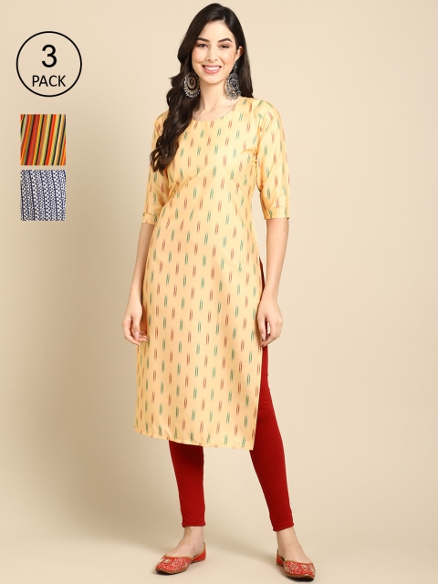 

Ethnic basket Women Pack Of 3 Striped Round Neck Crepe Straight Kurta, Yellow