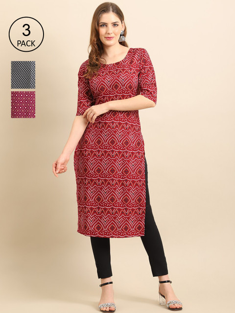 

Ethnic basket Women Pack of 3 Ethnic Motifs Printed Crepe Kurta, Red