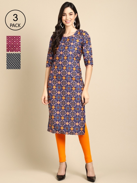 

Ethnic basket Women Pack of 3 Printed Crepe Kurtas, Navy blue