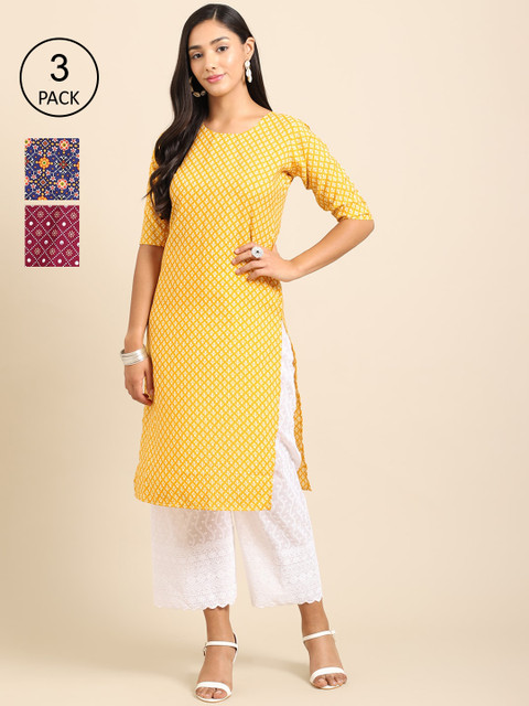

Ethnic basket Women Pack Of 3 Geometric Printed Crepe Kurta, Yellow