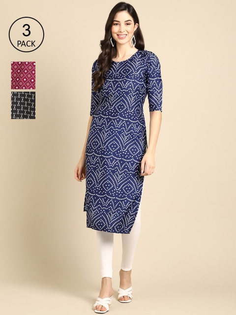 

Ethnic basket Women Set Of 3 Blue & Violet Floral Printed Crepe Kurta