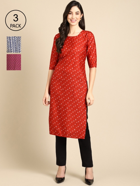 

Ethnic basket Pack of 3 Women Printed Straight Crepe Kurta, Blue