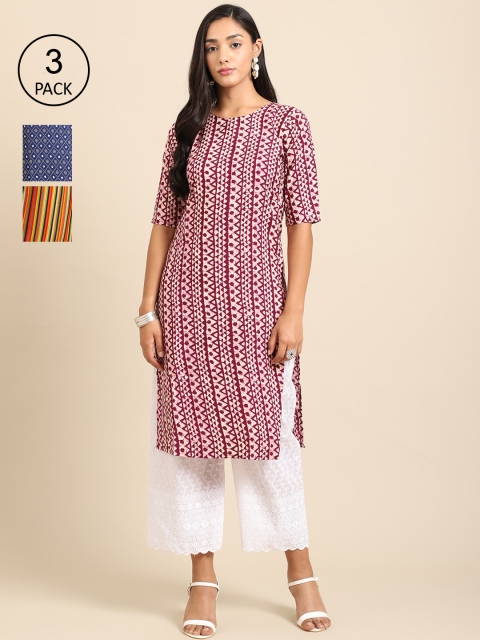

Ethnic basket Women Pack Of 3 Ethnic Motifs Printed Block Print Crepe Kurta, Maroon