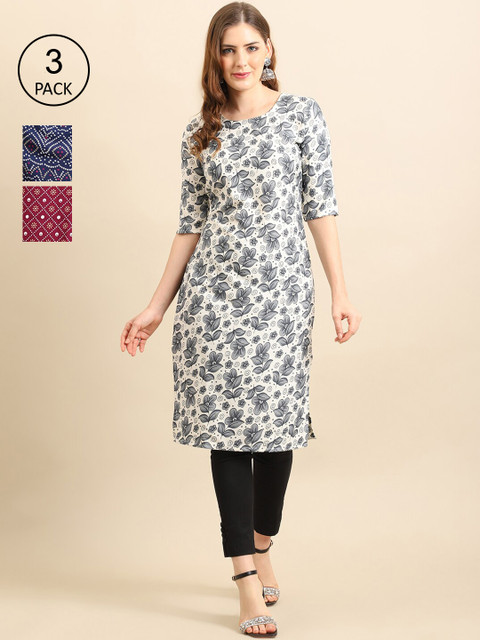 

Ethnic basket Women Pack Of 3 Block Print Crepe Kurta, Grey