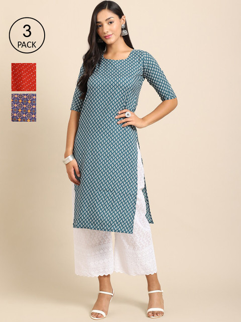

Ethnic basket Women Pack of 3 Blue & Red Ethnic Motifs Printed Crepe Kurta