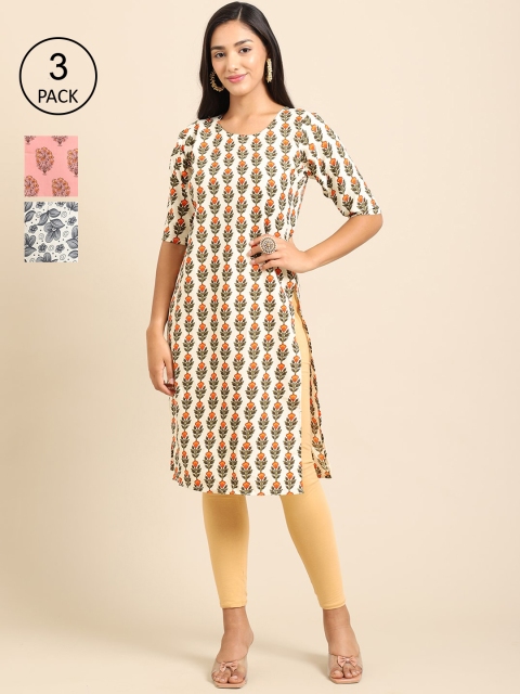 

Ethnic basket Pack of 3 Women Ethnic Motifs Printed Block Print Crepe Kurta, Off white