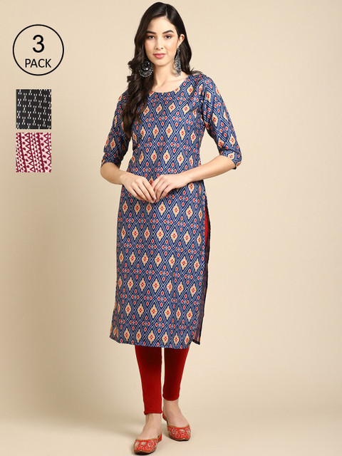 

Ethnic basket Women Pack of 3 Blue & Pink Ethnic Motifs Printed Crepe Kurta