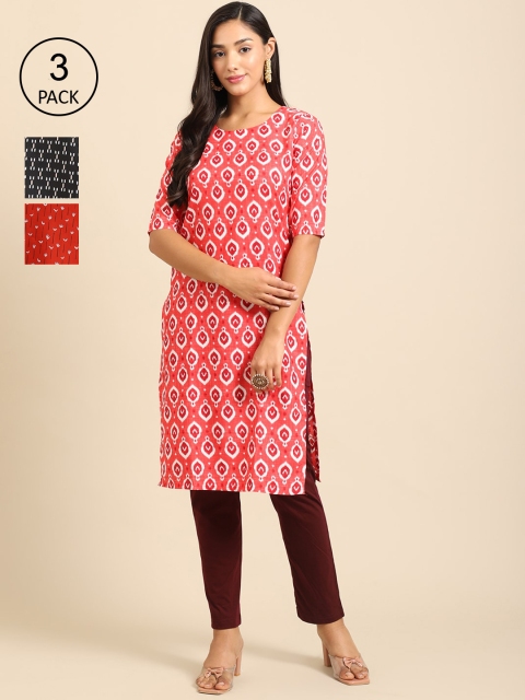 

Ethnic basket Women Pack of 3 Coral & Maroon Ethnic Motifs Printed Crepe Kurta