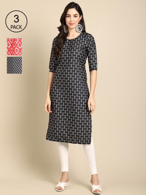

Ethnic basket Women Pack of 3 Black & Orange Ethnic Motifs Printed Crepe Kurta