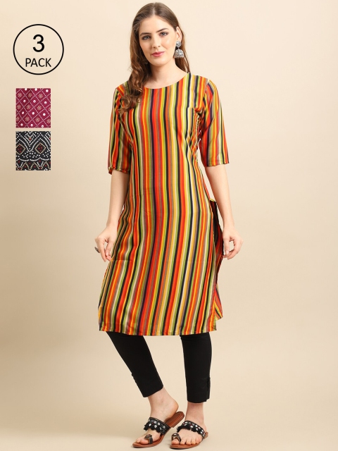 

Ethnic basket Women Pack of 3 Mustard Yellow & Magenta Ethnic Motifs Printed Crepe Kurta