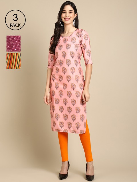 

Ethnic basket Women Pack Of 3 Ethnic Motifs Printed Crepe Kurta, Pink