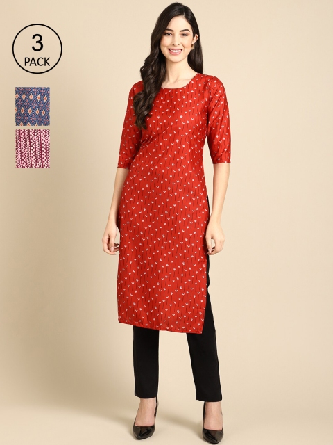 

Ethnic basket Women Pack Of 3 Ethnic Motifs Printed Crepe Kurta, Red