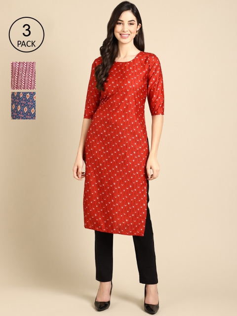 

Ethnic basket Women Pack Of 3 Ethnic Motifs Printed Crepe Kurta, Red