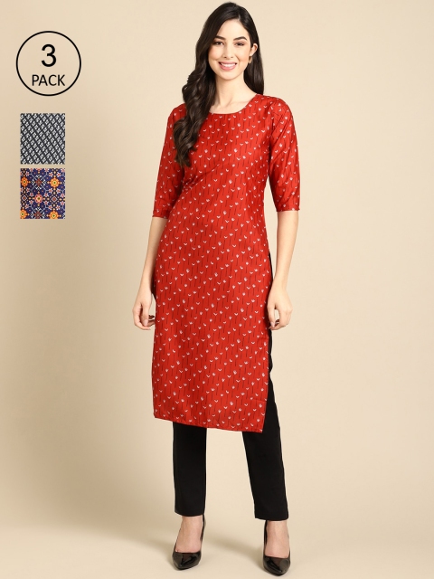 

Ethnic basket Women Pack Of 3 Ethnic Motifs Printed Crepe Kurta, Red