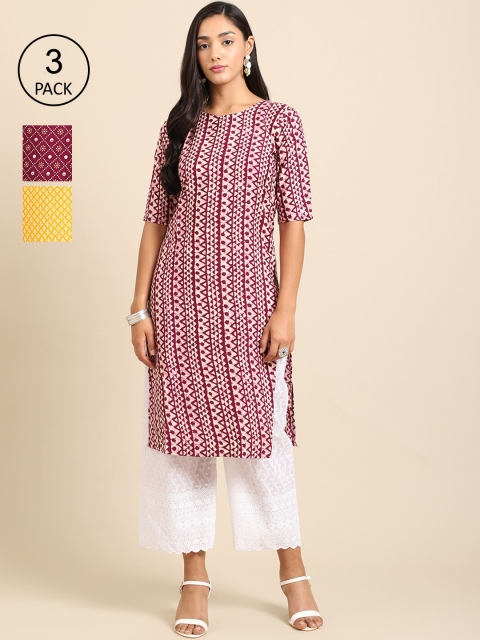 

Ethnic basket Women Pack of 3 Ethnic Motifs Printed Crepe Kurta, Maroon