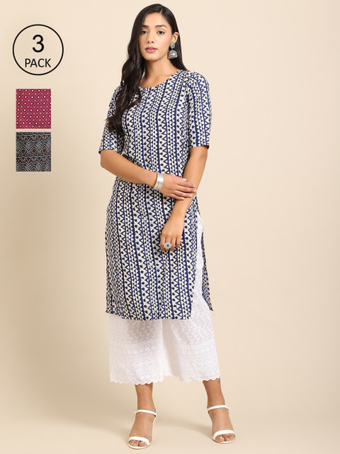 

Ethnic basket Women Pack Of 3 Ethnic Motifs Printed Crepe Kurta, Blue