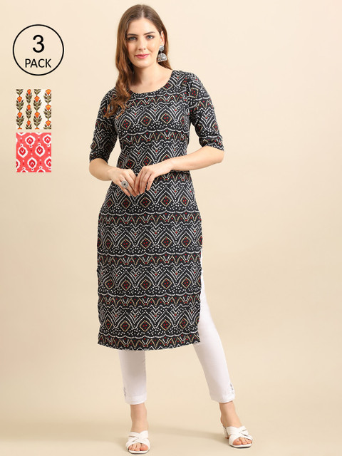 

Ethnic basket Women Pack of 3 Ethnic Motifs Printed Crepe Kurta, Black