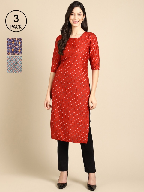 

Ethnic basket Women Pack Of 3 Printed Crepe Kurta, Red