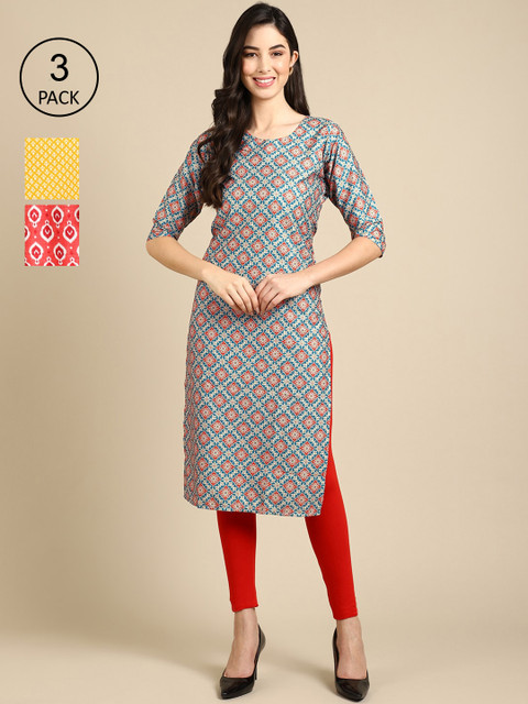 

Ethnic basket Women Pack Of 3 Printed Crepe Kurta, Yellow
