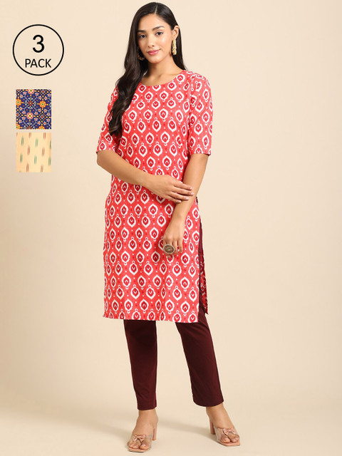 

Ethnic basket Women Pack Of 3 Printed Crepe Kurta, Orange