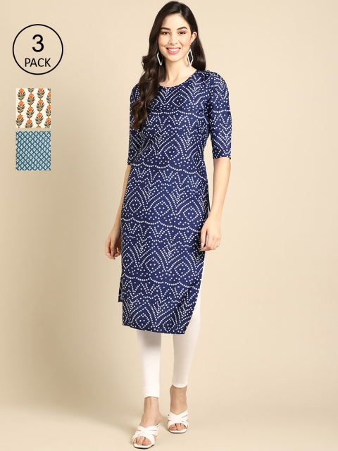 

Ethnic basket Women Pack Of 3 Printed Crepe Kurta, Blue