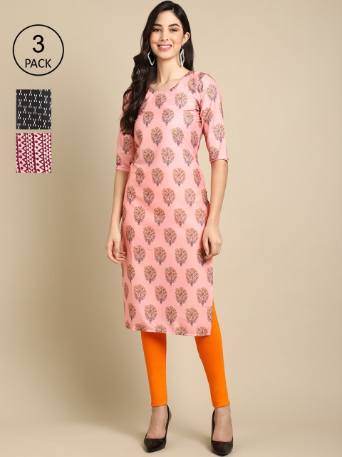 

Ethnic basket Women Pack of 3 Ethnic Motifs Printed Crepe Kurta, Pink