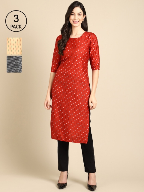 

Ethnic Basket Stylish Women's Crepe Printed Straight Kurta (Pack of 3), Red