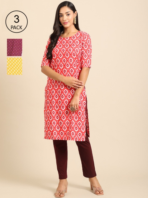 

Ethnic Basket Pack Of 3 Women Printed Crepe Kurta, Red
