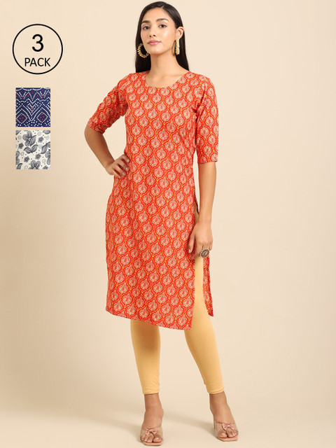 

Ethnic basket Women White & Orange Pack Of 3 Bandhani Printed Block Print Crepe Kurta