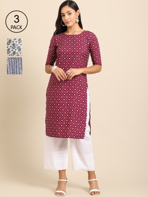 

Ethnic basket Women Pack Of 3 Geometric Printed Crepe Kurta, Maroon