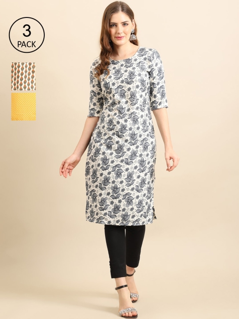 

Ethnic basket Women Pack Of 3 Floral Printed Block Print Crepe Kurta, Blue