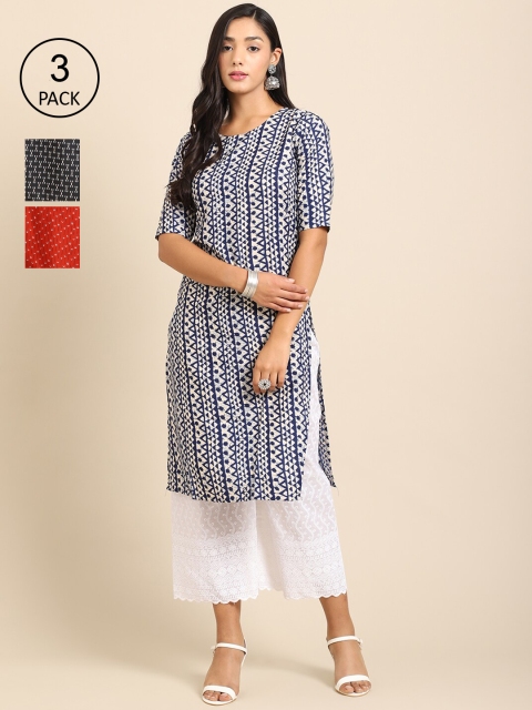 

Ethnic basket Women Multicoloured Pack Of 3 Geometric Printed Block Print Crepe Kurta, Multi