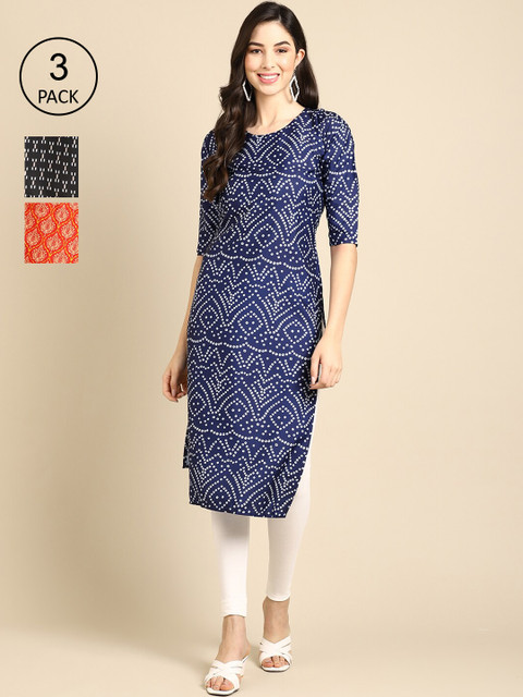 

Ethnic basket Women Multicoloured Geometric Printed Keyhole Neck Block Print Crepe Kurta, Multi