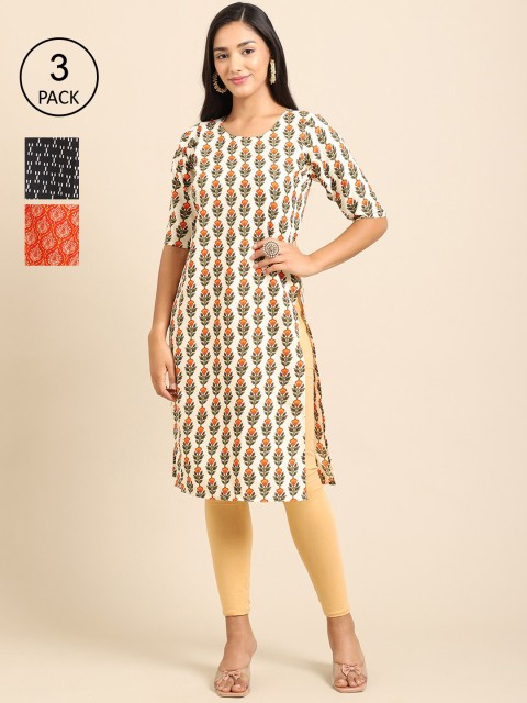 

Ethnic basket Pack of 3 Women Floral Printed Block Print Crepe Kurta, Off white