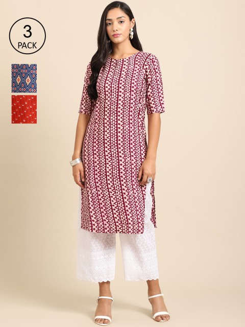 

Ethnic basket Women Multicoloured Pack Of 3 Geometric Printed Block Print Crepe Kurta, Multi