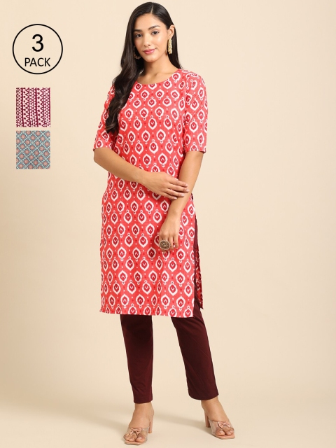 

Ethnic basket Pack Of 3 Women Peach-Coloured & Maroon Geometric Printed Crepe Kurta