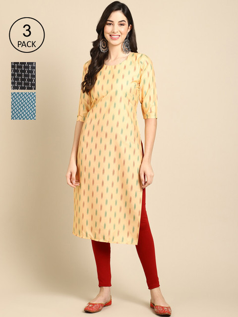 

Ethnic Basket Stylish Women's Crepe Printed Straight Kurta (Pack of 3), Beige